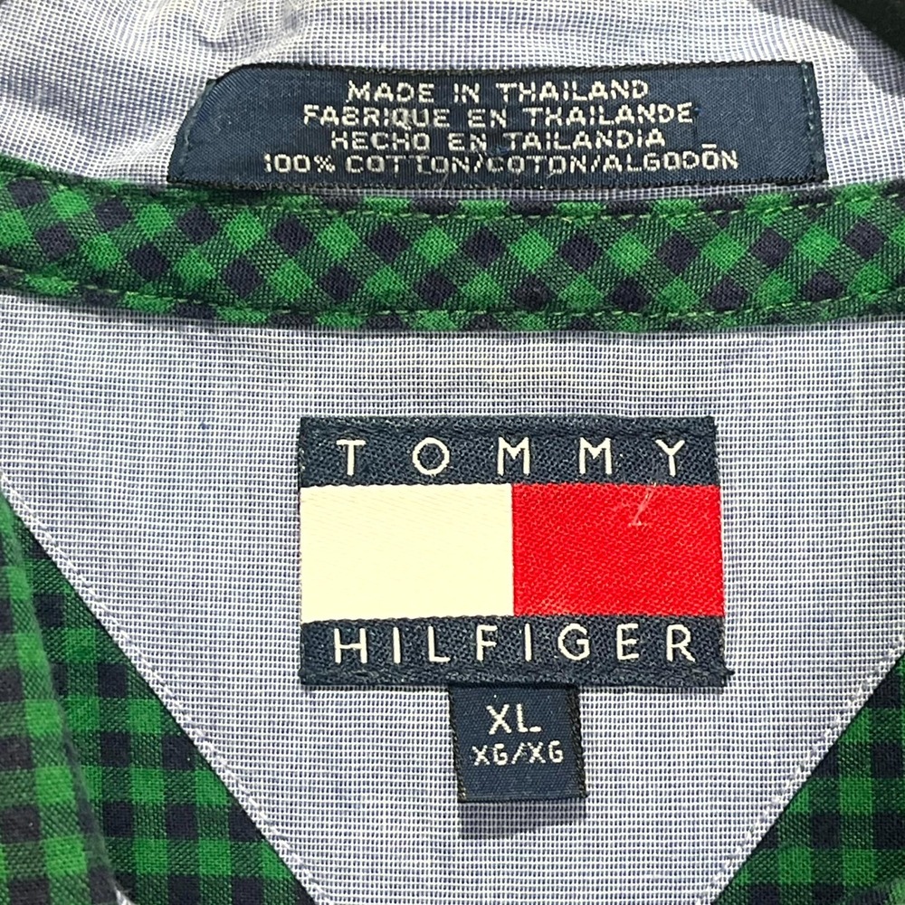 Vintage Tommy Hilfiger Shirt Men XL Green Blue Micro Gingham Pleated Button Down - Picture 3 of 13